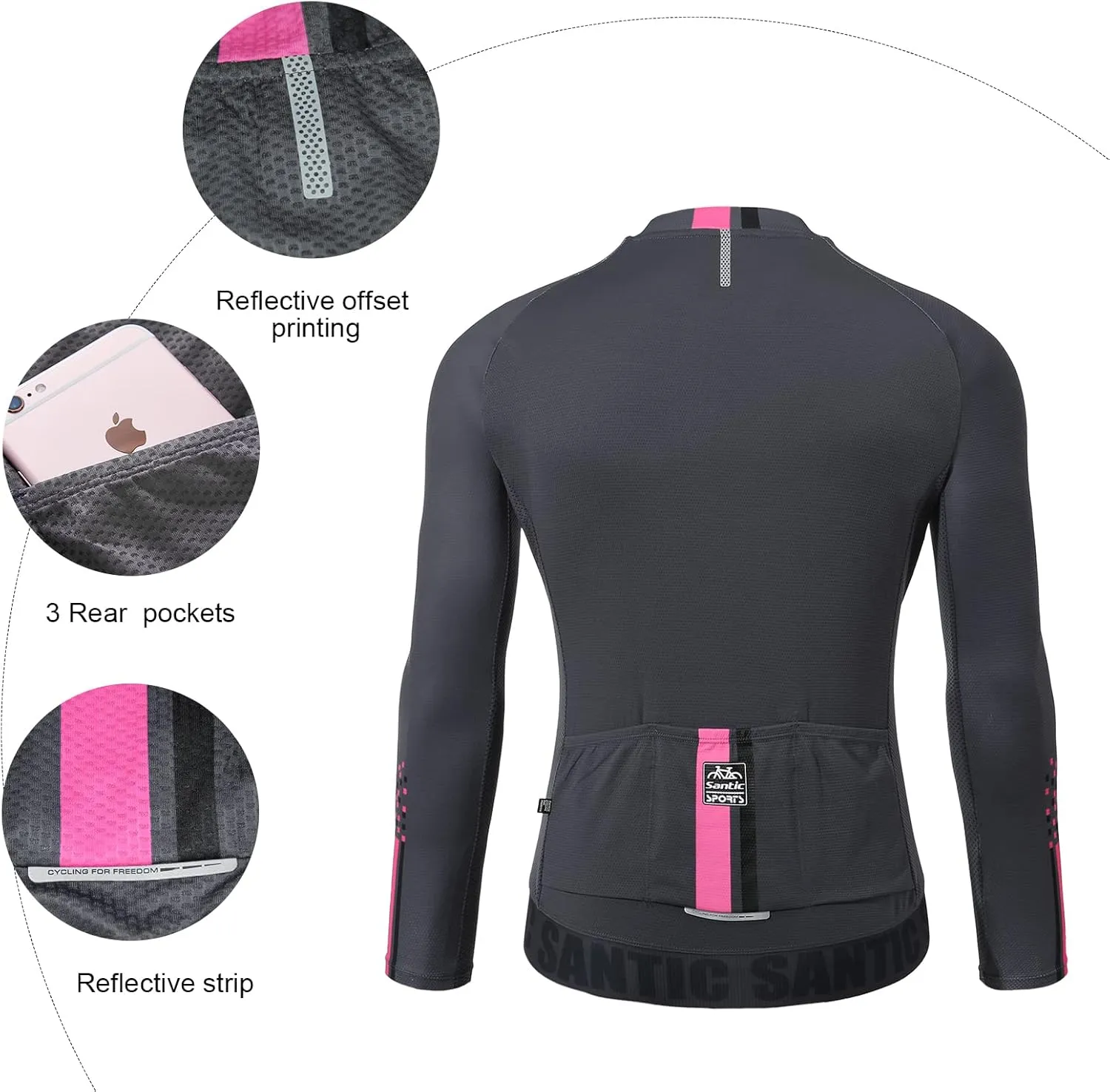 Santic Cycling Jersey Men's Long Sleeve Bike Reflective Full Zip Bicycle Shirts with Pockets