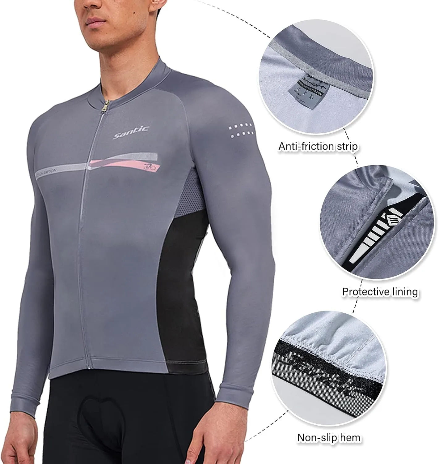 Santic Cycling Jersey Men's Long Sleeve Bike Reflective Full Zip Bicycle Shirts with Pockets