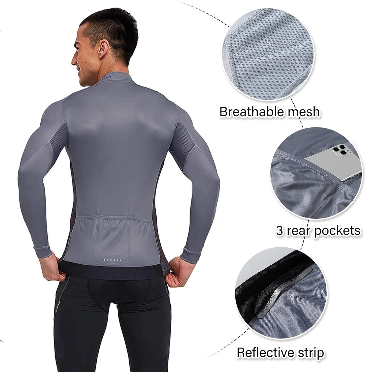 Santic Cycling Jersey Men's Long Sleeve Bike Reflective Full Zip Bicycle Shirts with Pockets