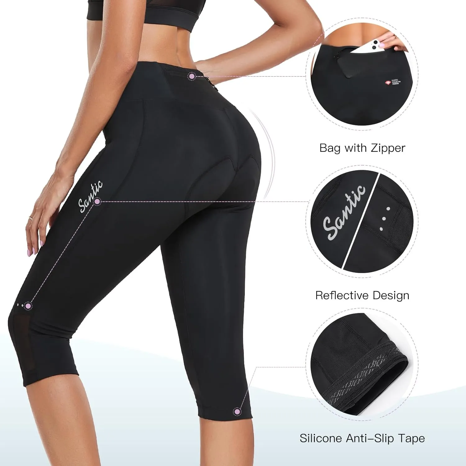 Santic Women's Cycling Pants High Waist 4D Padded Cycling Capris Shorts 3/4 Biking Leggings Pants with Pockets