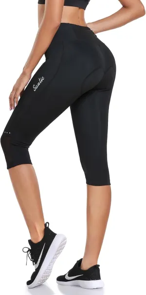 Santic Women's Cycling Pants High Waist 4D Padded Cycling Capris Shorts 3/4 Biking Leggings Pants with Pockets