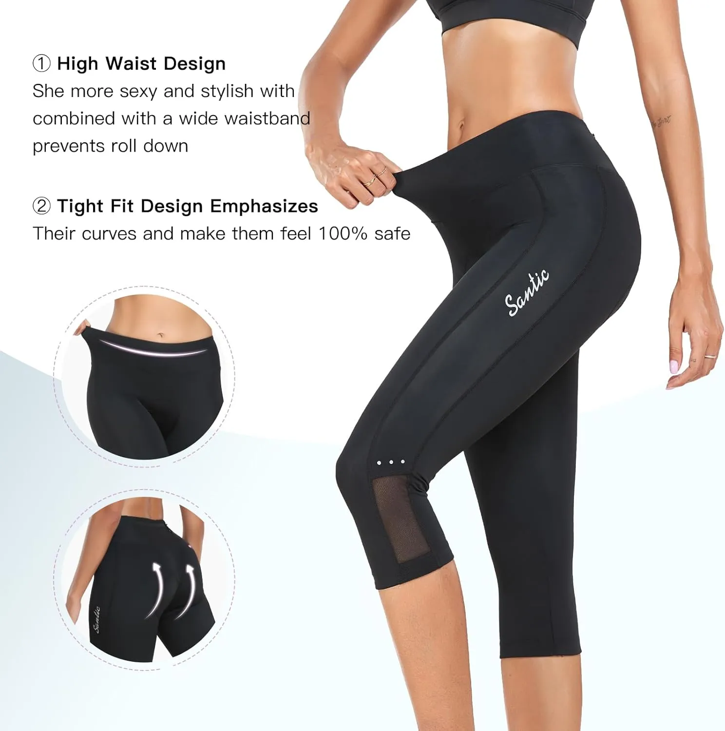 Santic Women's Cycling Pants High Waist 4D Padded Cycling Capris Shorts 3/4 Biking Leggings Pants with Pockets