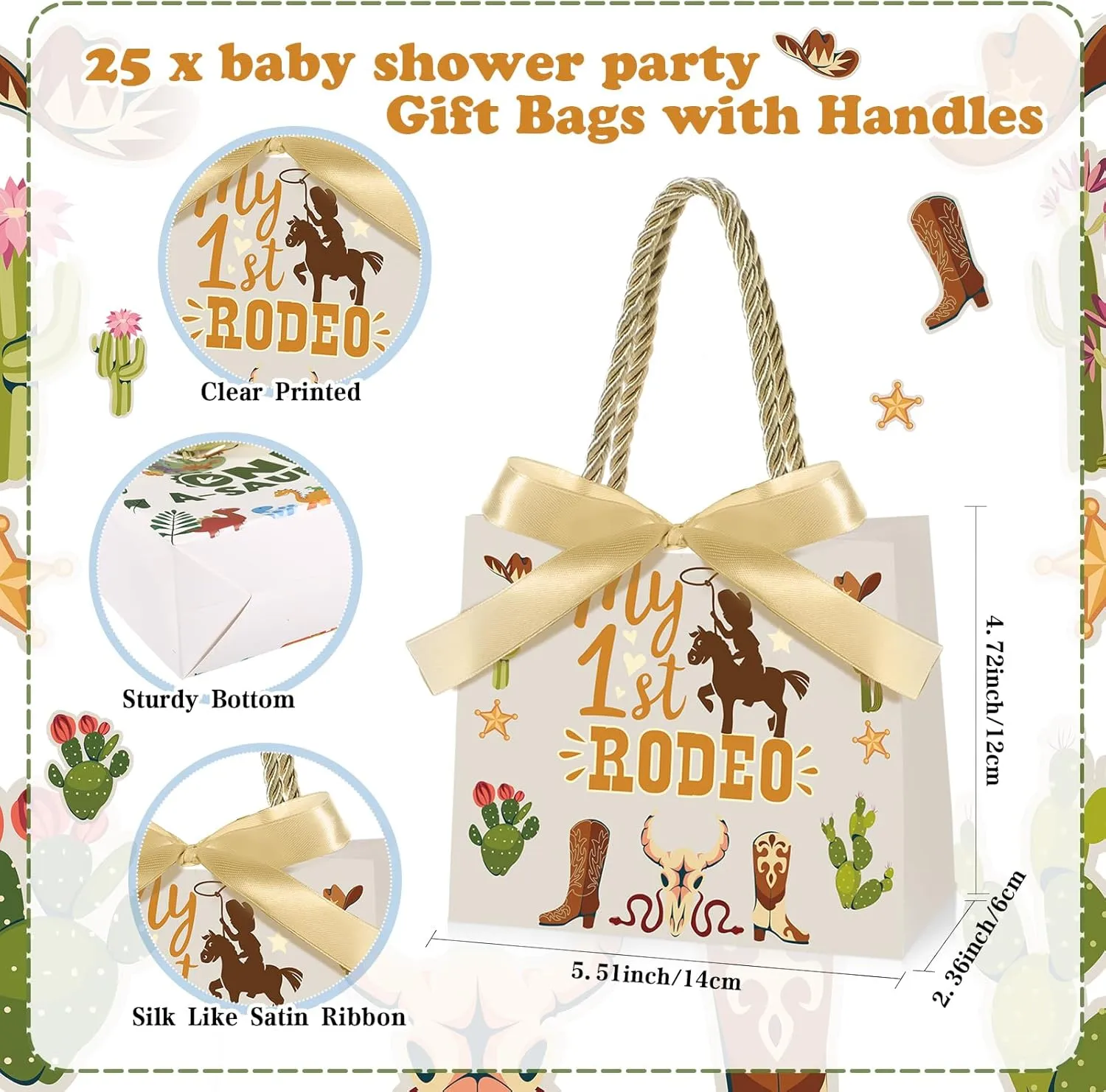 Saypacck My First Rodeo Party Favor Western Gift Bags with Handles Cowboy Birthday Party Decorations, 5.51 X 2.36 X 4.72 Inches