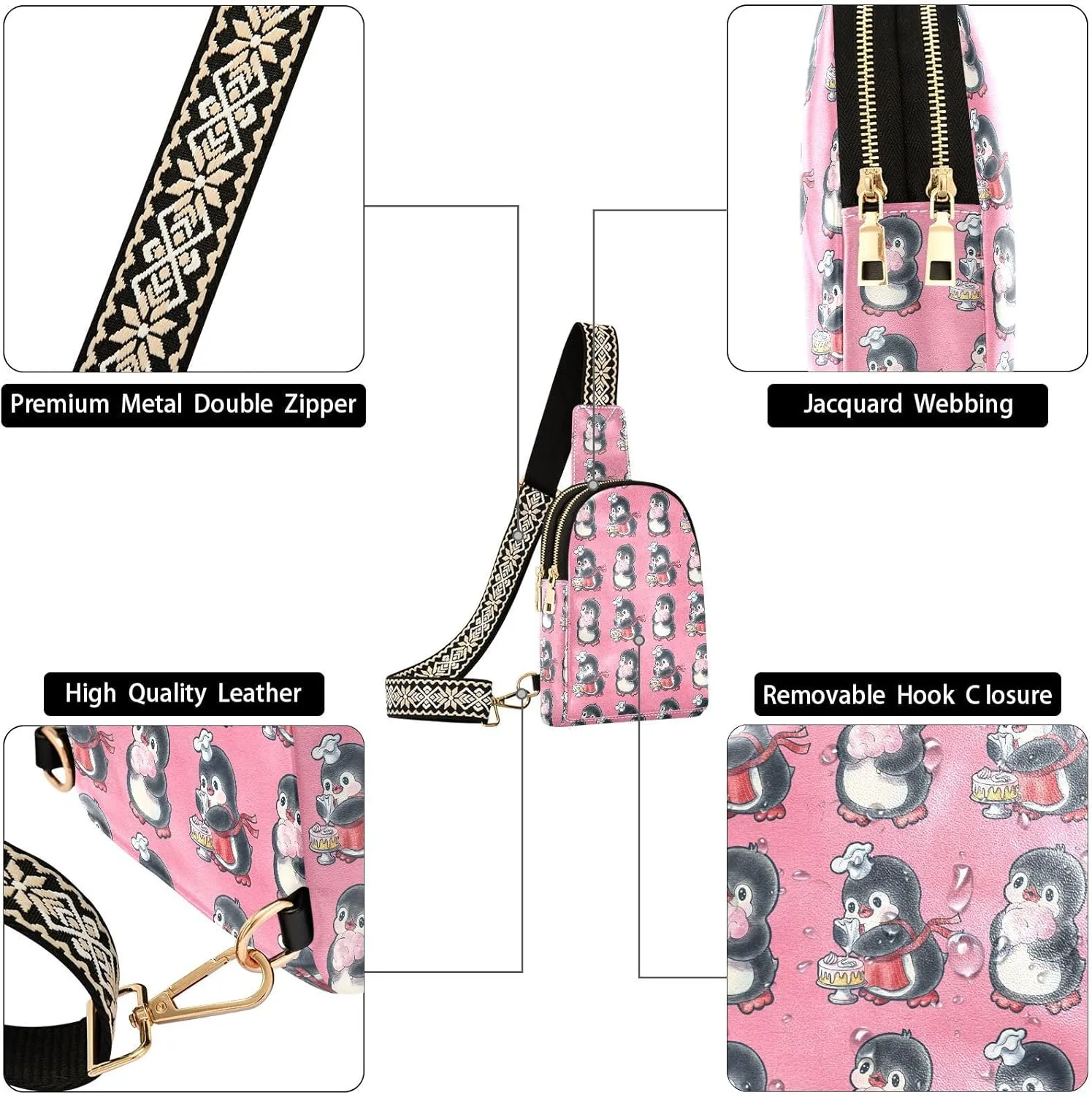 Seamless Pattern with Cute Penguins with Dessert Trendy Crossbody Bag Fashion Waist Packs Cross Body Leather Chest Bag for Women Fanny Pack Travel Outdoor Crossbody Sling Bag