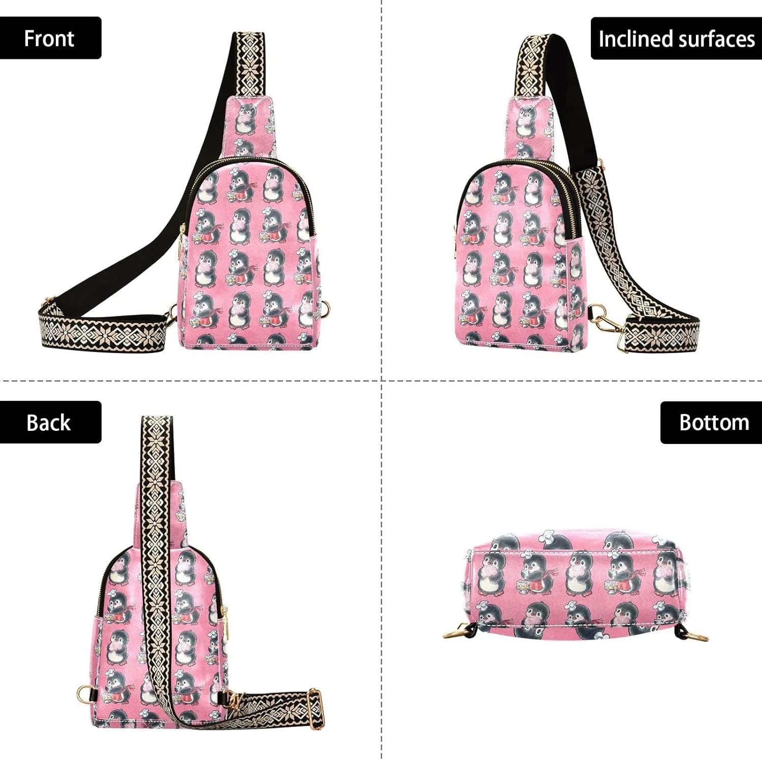 Seamless Pattern with Cute Penguins with Dessert Trendy Crossbody Bag Fashion Waist Packs Cross Body Leather Chest Bag for Women Fanny Pack Travel Outdoor Crossbody Sling Bag