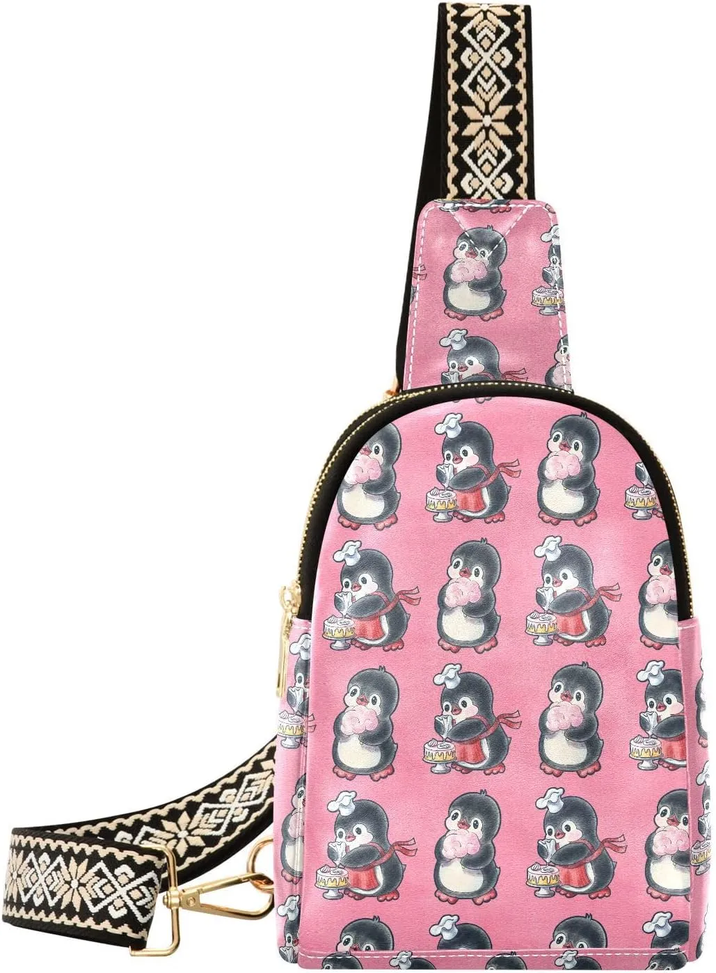 Seamless Pattern with Cute Penguins with Dessert Trendy Crossbody Bag Fashion Waist Packs Cross Body Leather Chest Bag for Women Fanny Pack Travel Outdoor Crossbody Sling Bag