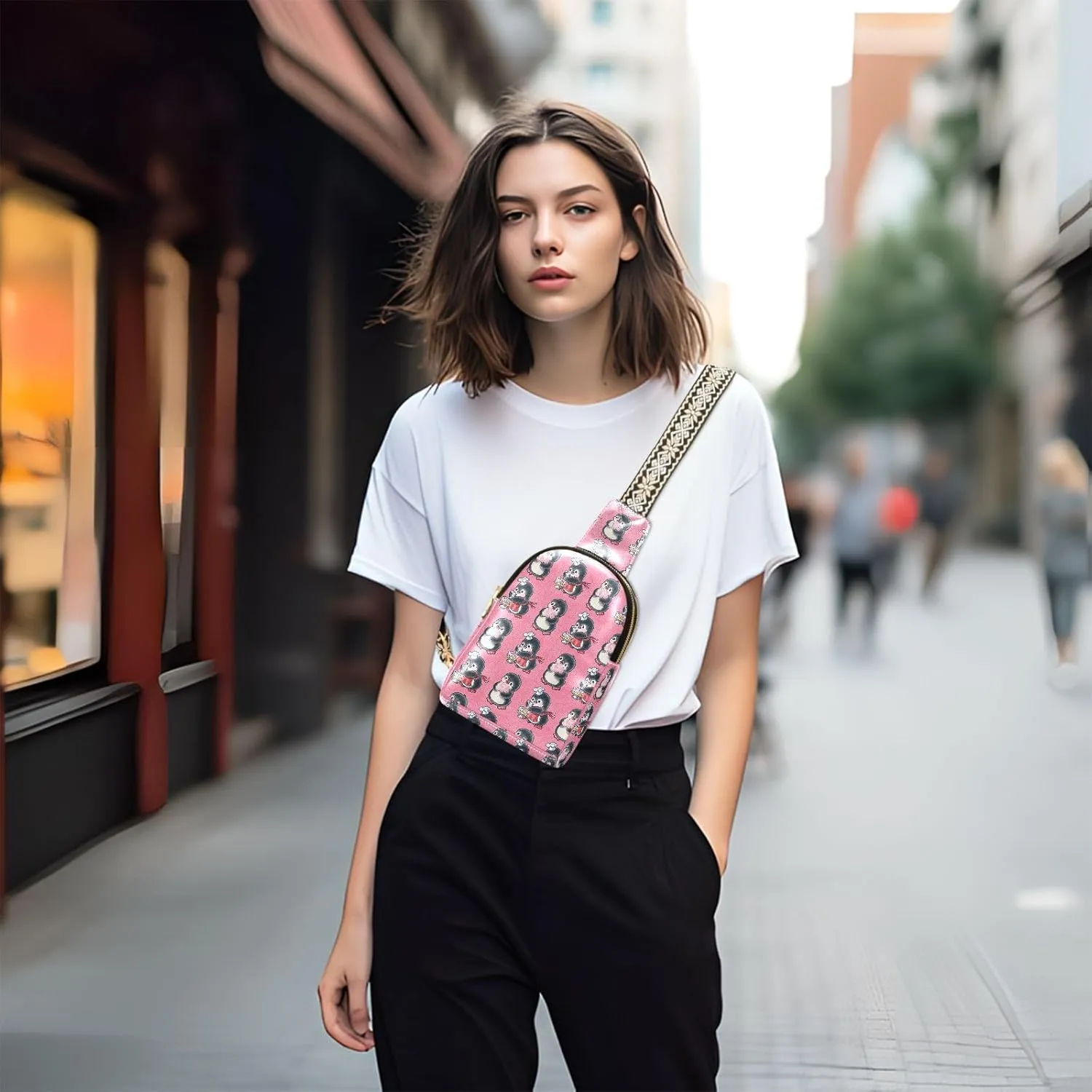 Seamless Pattern with Cute Penguins with Dessert Trendy Crossbody Bag Fashion Waist Packs Cross Body Leather Chest Bag for Women Fanny Pack Travel Outdoor Crossbody Sling Bag