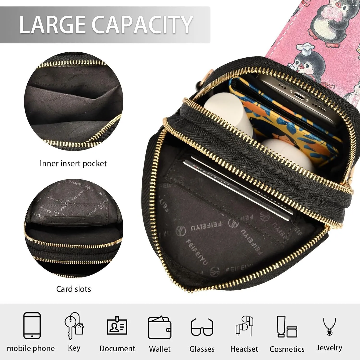 Seamless Pattern with Cute Penguins with Dessert Trendy Crossbody Bag Fashion Waist Packs Cross Body Leather Chest Bag for Women Fanny Pack Travel Outdoor Crossbody Sling Bag