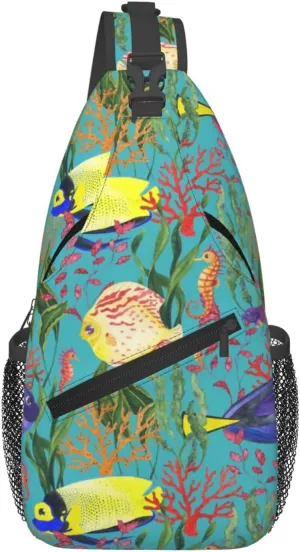 Seaweed Fish Seahorse Sling Bag for Men Women Lightweight Shoulder Chest Bags Multipurpose Sling Backpack Adjustable Casual Crossbody Backpack for Outdoor Travel Cycling Gym Hiking Daypack