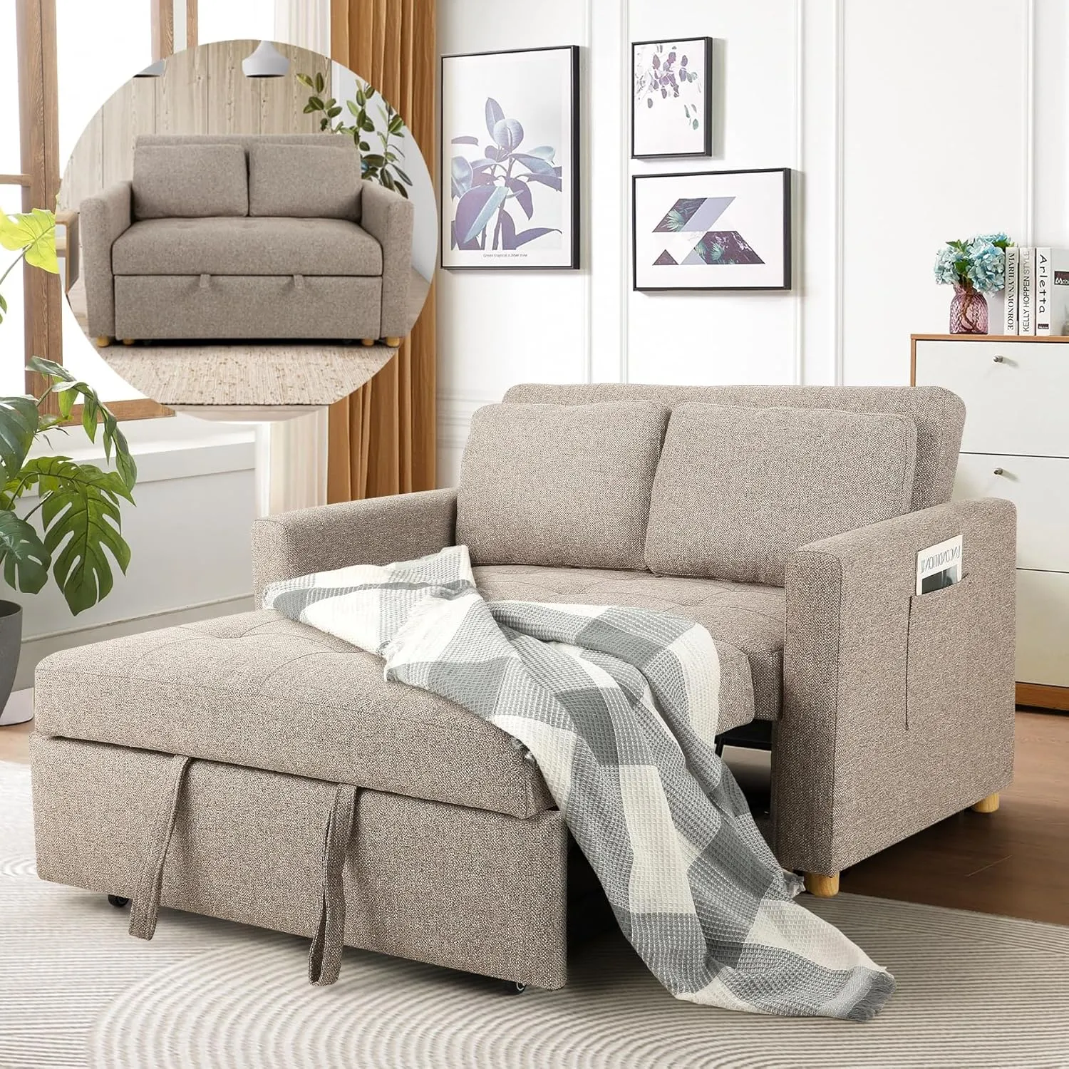 SEJOV 3-in-1 Convertible Sofa Bed, Linen Fabric Sleeper Couch Pull Out Bed, 49" 2-Seater Loveseat Futon Sofa with Spring Support, Adjustable Backrest and Pillows for Small Spaces, Living Room