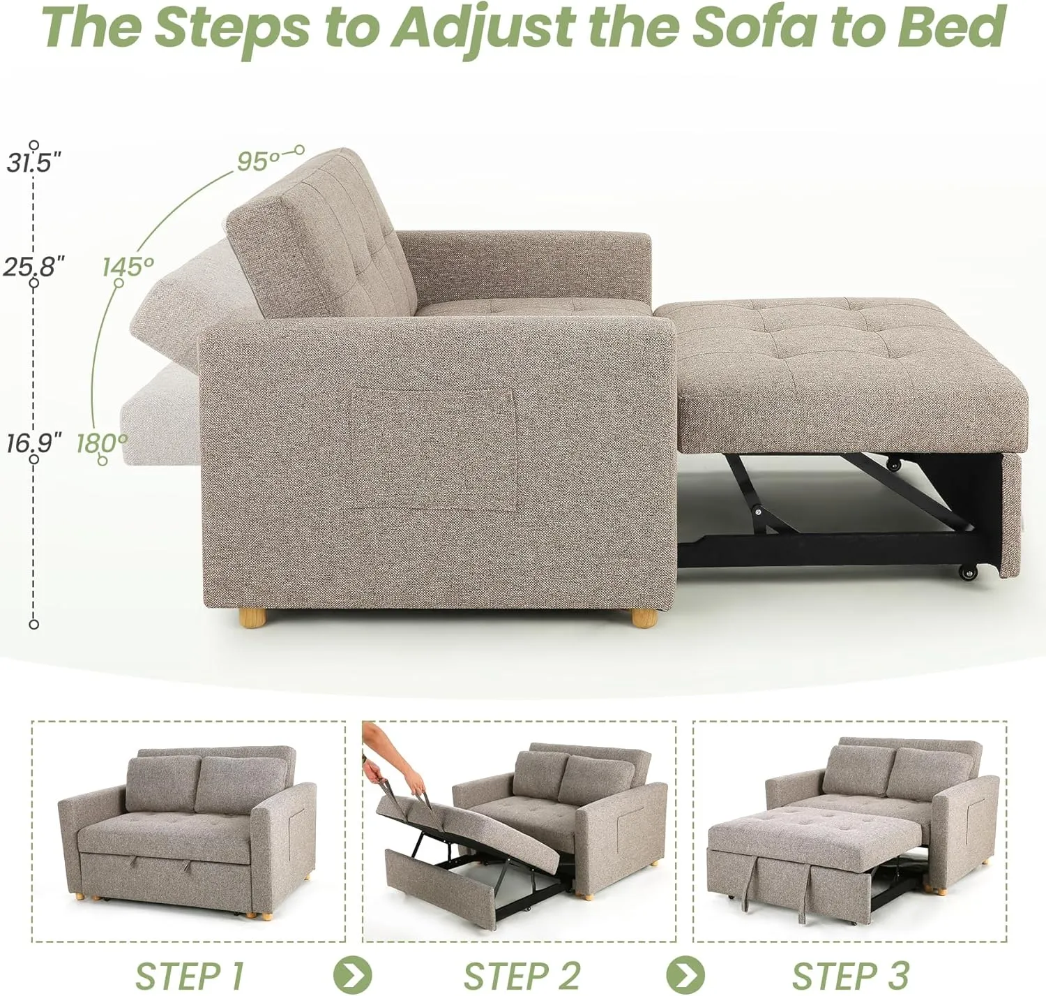 SEJOV 3-in-1 Convertible Sofa Bed, Linen Fabric Sleeper Couch Pull Out Bed, 49" 2-Seater Loveseat Futon Sofa with Spring Support, Adjustable Backrest and Pillows for Small Spaces, Living Room