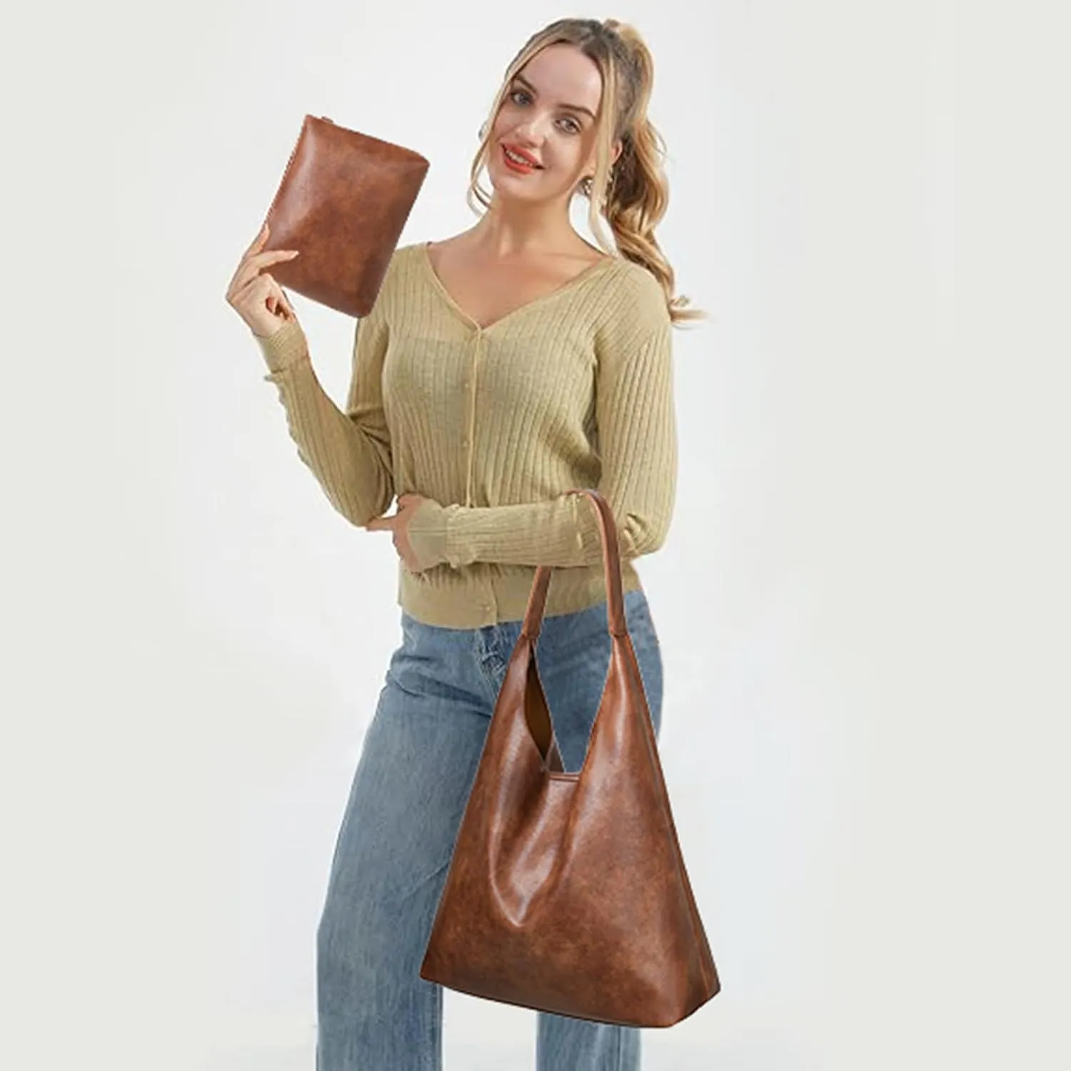 SENDEFN Leather Tote Bag for Women Work Shoulder Bag Large Top Handle Handbags and Ladies Travel Purse with Zipper Pocket