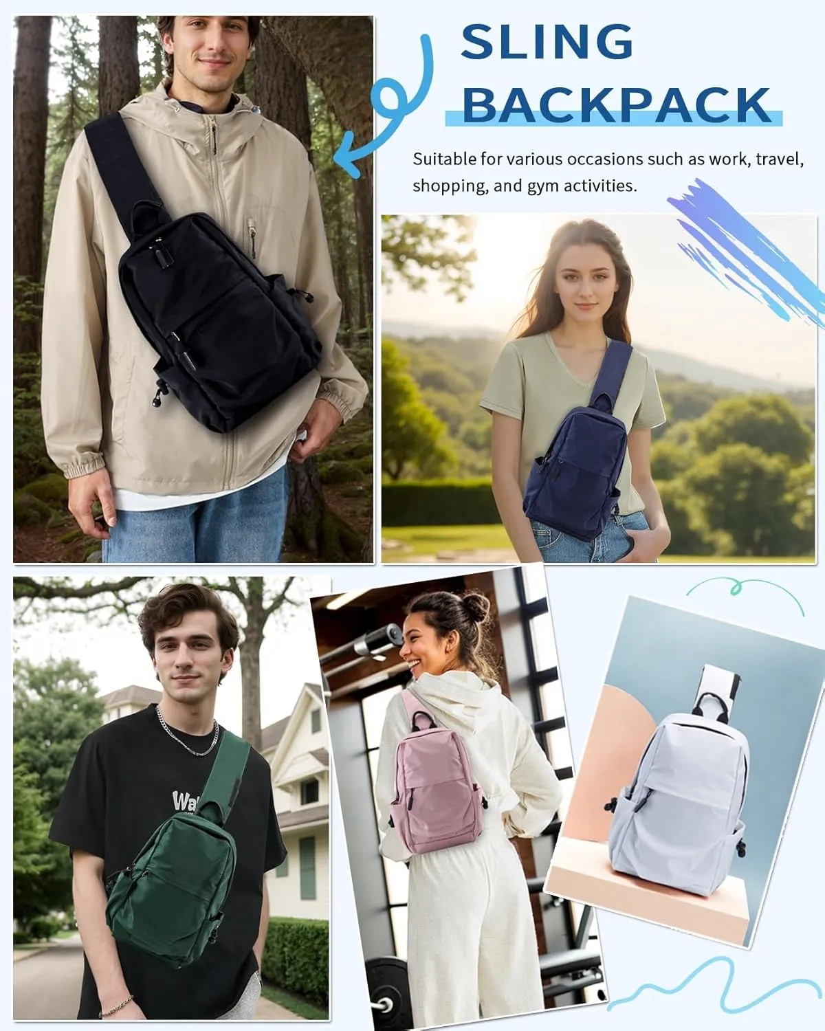 Seoky Rop Men Women Sling Bag Backpack Lightweight Water Resistant Shoulder Crossbody Bags for Travel