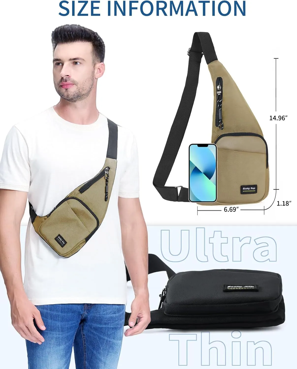 Seoky Rop Sling Bag for Men Women Slim Personal Purse Pocket Small Anti-Thief Crossbody Chest Bag for Travel Hiking Champagne
