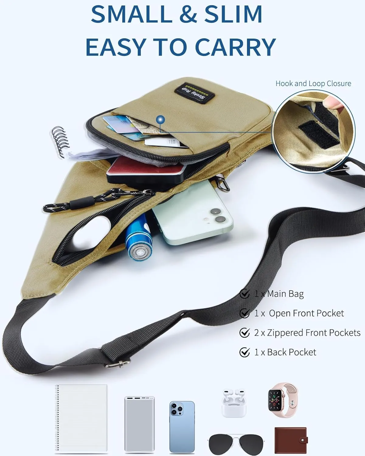 Seoky Rop Sling Bag for Men Women Slim Personal Purse Pocket Small Anti-Thief Crossbody Chest Bag for Travel Hiking Champagne