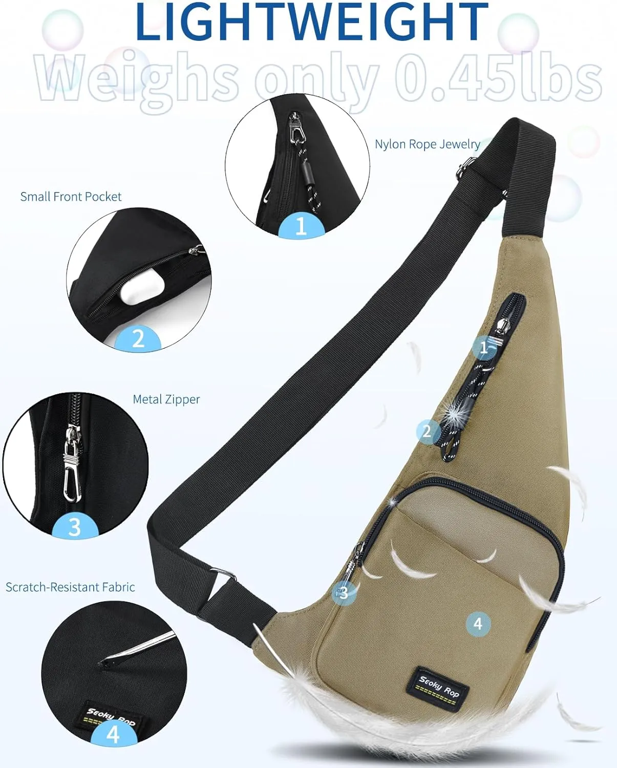Seoky Rop Sling Bag for Men Women Slim Personal Purse Pocket Small Anti-Thief Crossbody Chest Bag for Travel Hiking Champagne