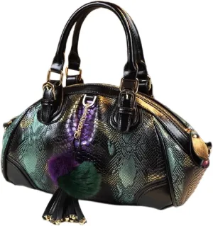 Serpentine Leather Hobo Bag for Women Top Handle Satchel Crossbody Handbags Purses Tassel Shoulder Messenger Bags