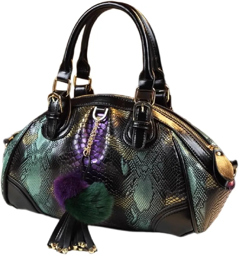 Serpentine Leather Hobo Bag for Women Top Handle Satchel Crossbody Handbags Purses Tassel Shoulder Messenger Bags