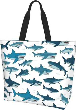 Shark Pattern with Various Gestures print Single shoulder shopping bag, reusable handbag,Fit for work and shopping