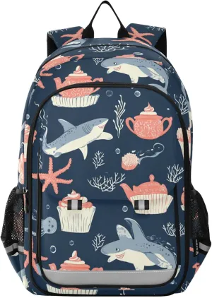 Sharks Cupcake Starfish Ocean Backpack for Boys Girls Elementary School Bag Kids Bookbag Travel Rucksack With Reflective Stripes