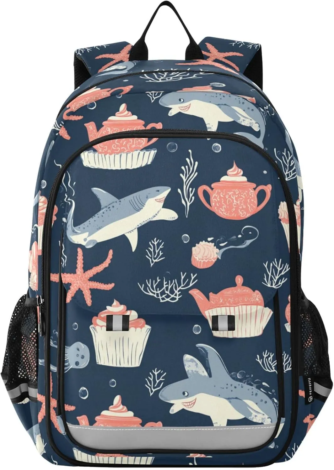 Sharks Cupcake Starfish Ocean Backpack for Boys Girls Elementary School Bag Kids Bookbag Travel Rucksack With Reflective Stripes