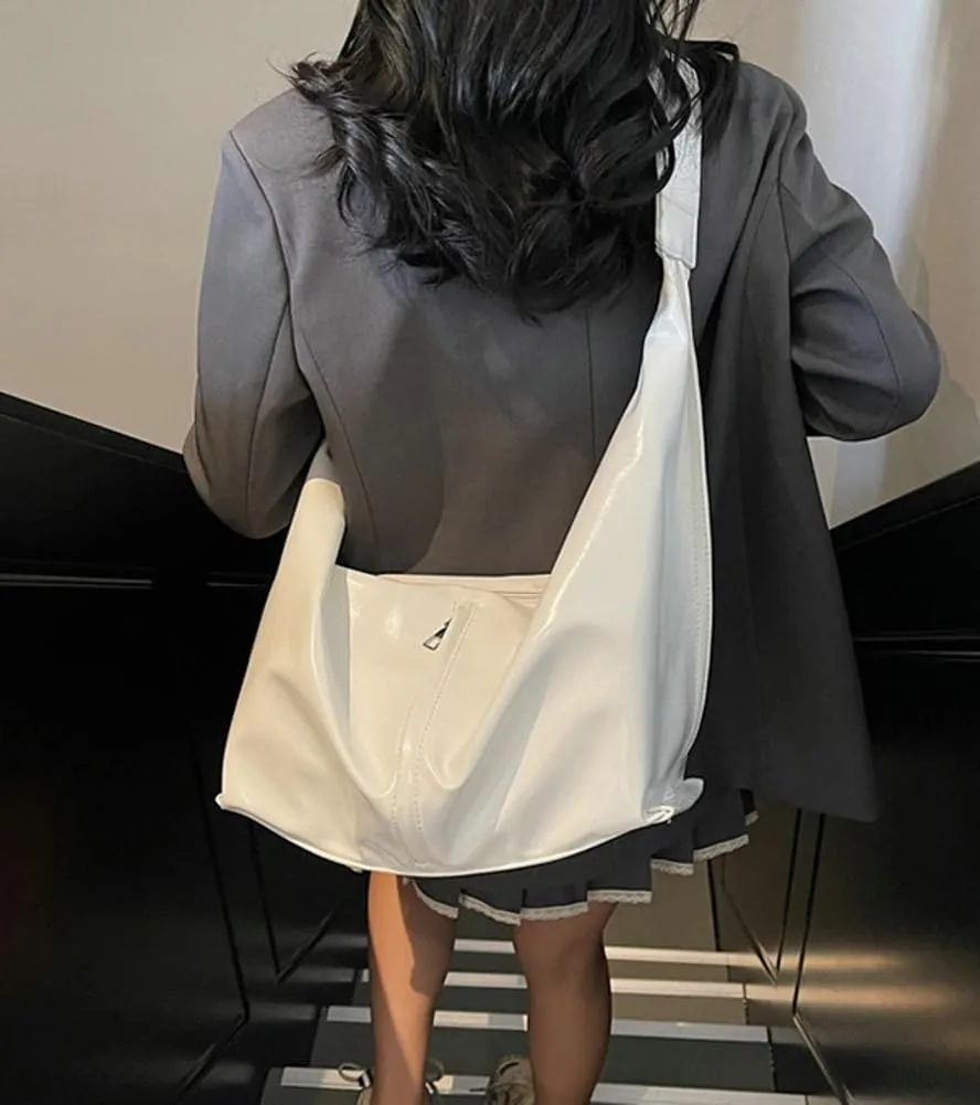 Shiny Hobo Bag for Women PU Leather Bag Trendy Shoulder Bag Satchel for Work Travel