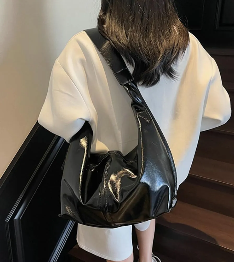 Shiny Hobo Bag for Women PU Leather Bag Trendy Shoulder Bag Satchel for Work Travel