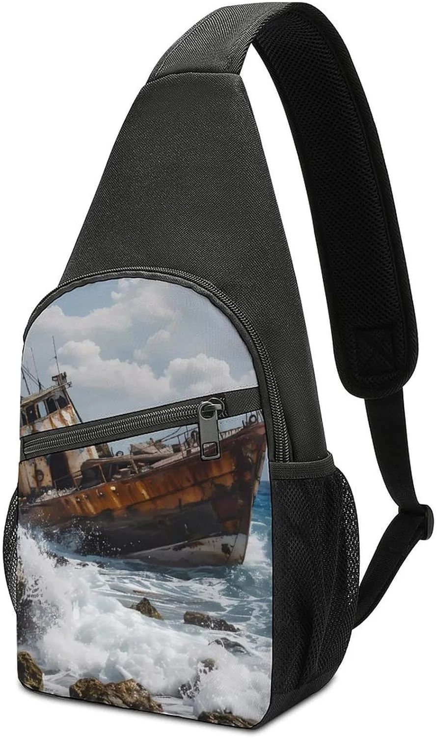 Shipwreck Waves Reef Chest Bag for Men Small Sling Backpack Crossbody Sling Bags for Outdoors Hiking Traveling