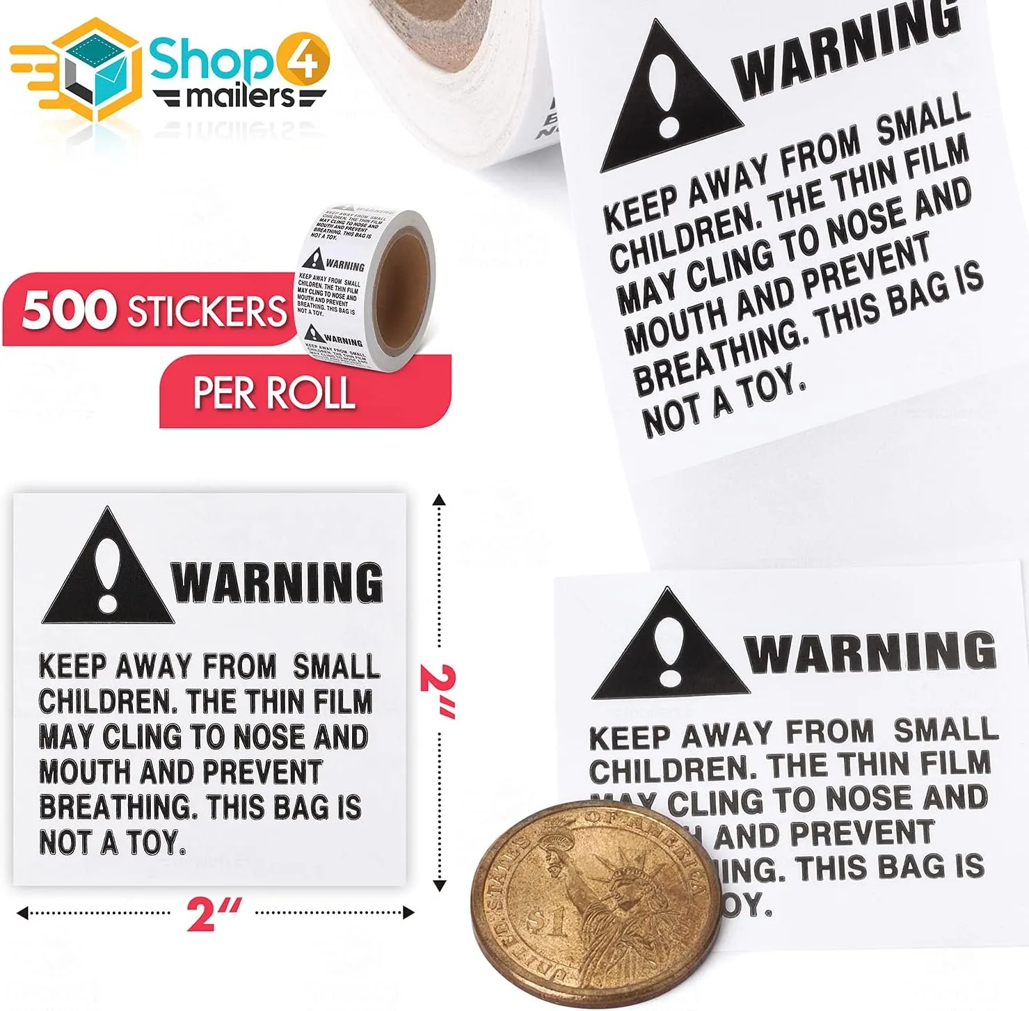 Shop4Mailers Warning Suffocation Labels, Keep Away from Small Children, for Shipping and Packing, 2" x 2" Rolls of 500 (12 Rolls/6000 Labels)