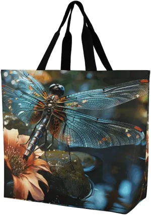 Shopping Tote Bag,Dragonfly Flying on The Pond Print Bulk Tote Bags,crossbody Tote Bag,reusable Shopping Bags