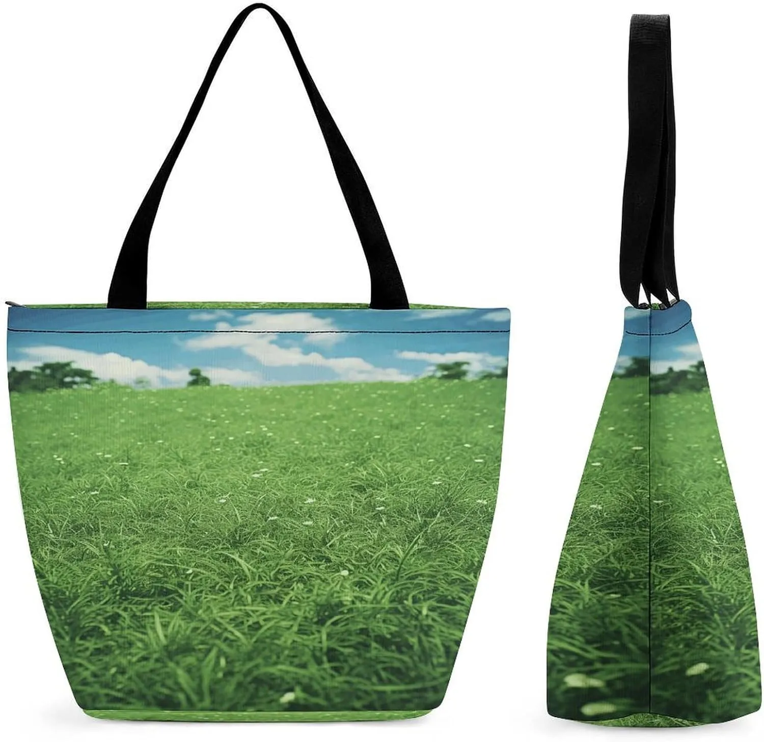Shopping Zippered Tote for Women,Green Lawn Print Tote Bag,Top Handle Satchel Handbags,Reusable Grocery Shoulder Bag