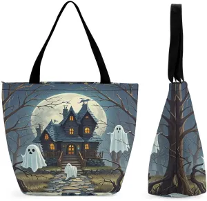 Shopping Zippered Tote for Women,Haunted Mansion Print Tote Bag,Top Handle Satchel Handbags,Reusable Grocery Shoulder Bag