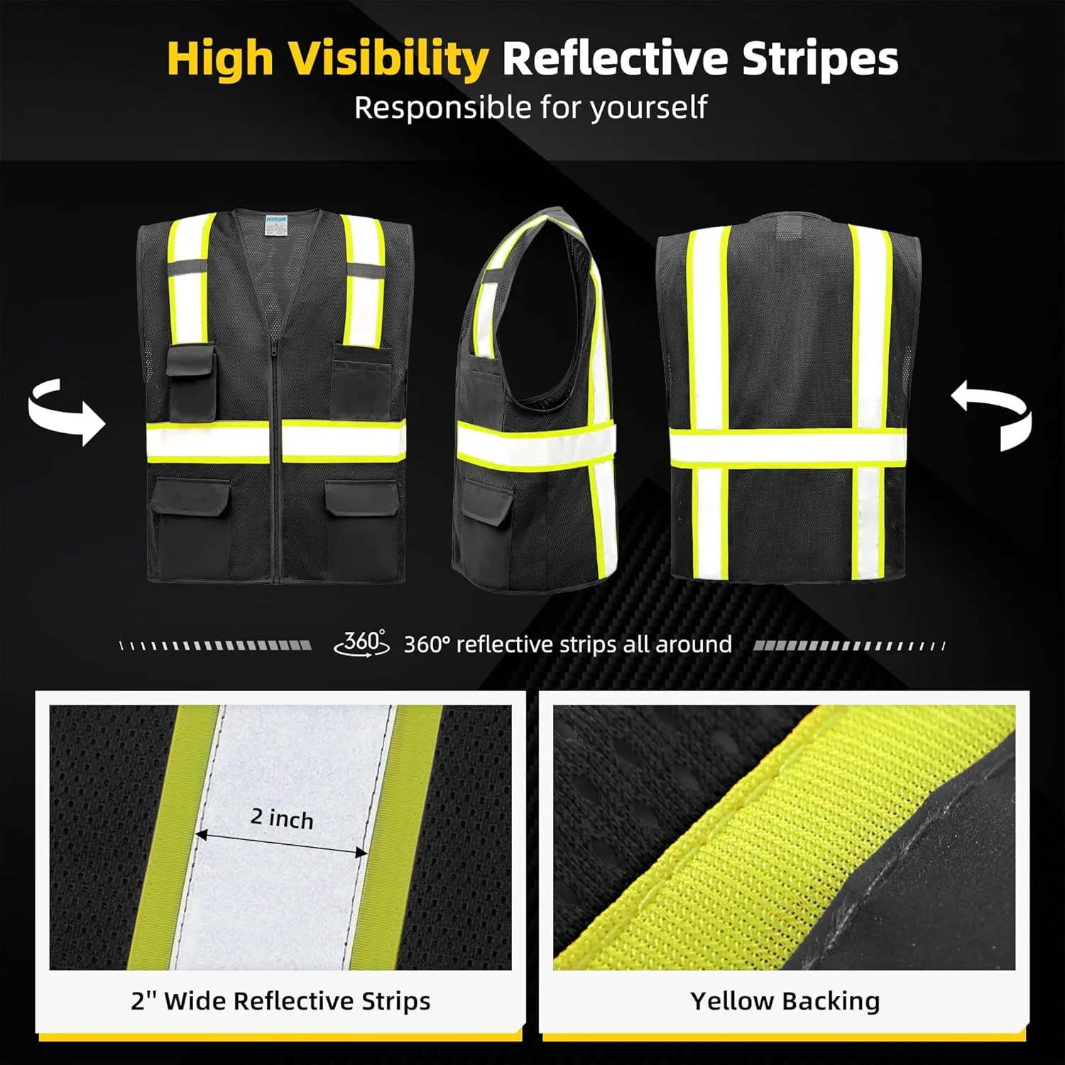 SHORFUNE High Visibility Mesh Safety Vest with Pockets, Mic Tabs, Zipper and Reflective Strips,ANSI/ISEA Standards