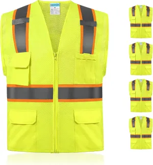 SHORFUNE High Visibility Mesh Safety Vest with Pockets, Mic Tabs, Zipper and Reflective Strips,ANSI/ISEA Standards