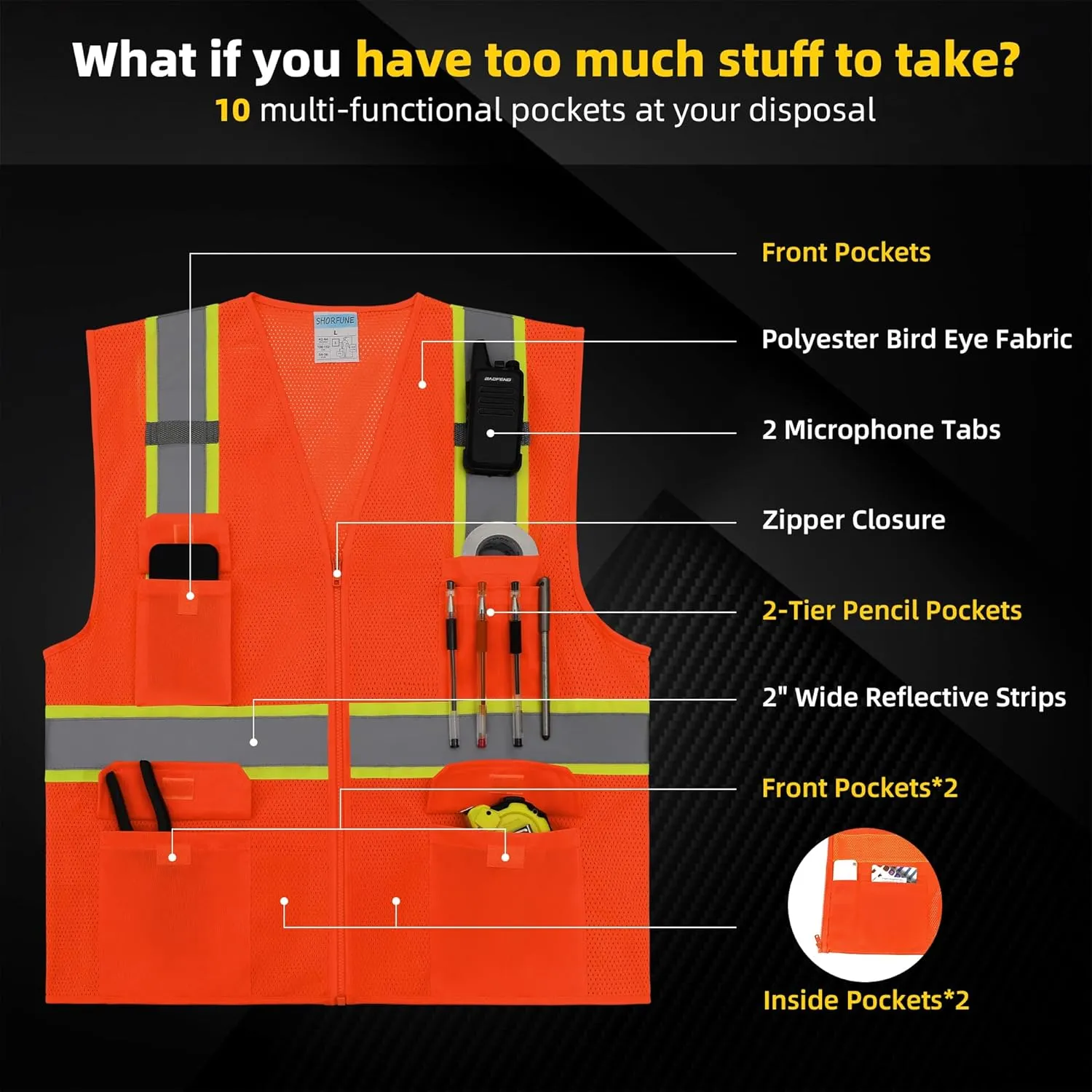 SHORFUNE High Visibility Mesh Safety Vest with Pockets, Mic Tabs, Zipper and Reflective Strips,ANSI/ISEA Standards