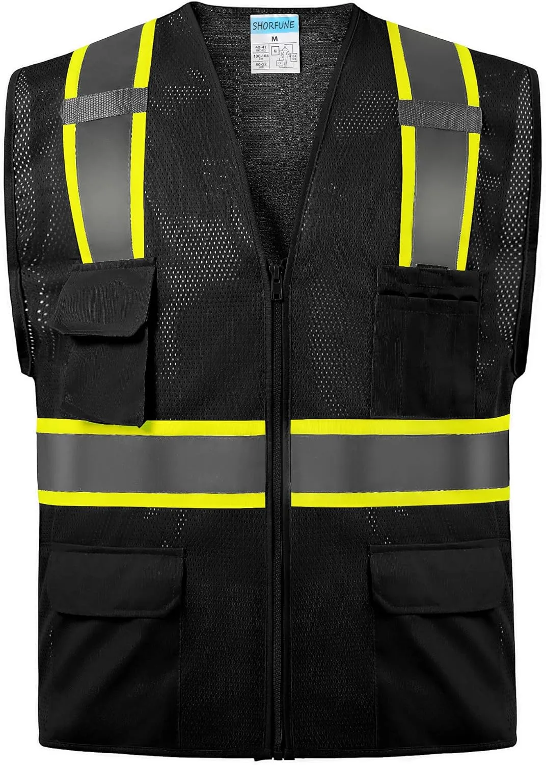 SHORFUNE High Visibility Mesh Safety Vest with Pockets, Mic Tabs, Zipper and Reflective Strips,ANSI/ISEA Standards