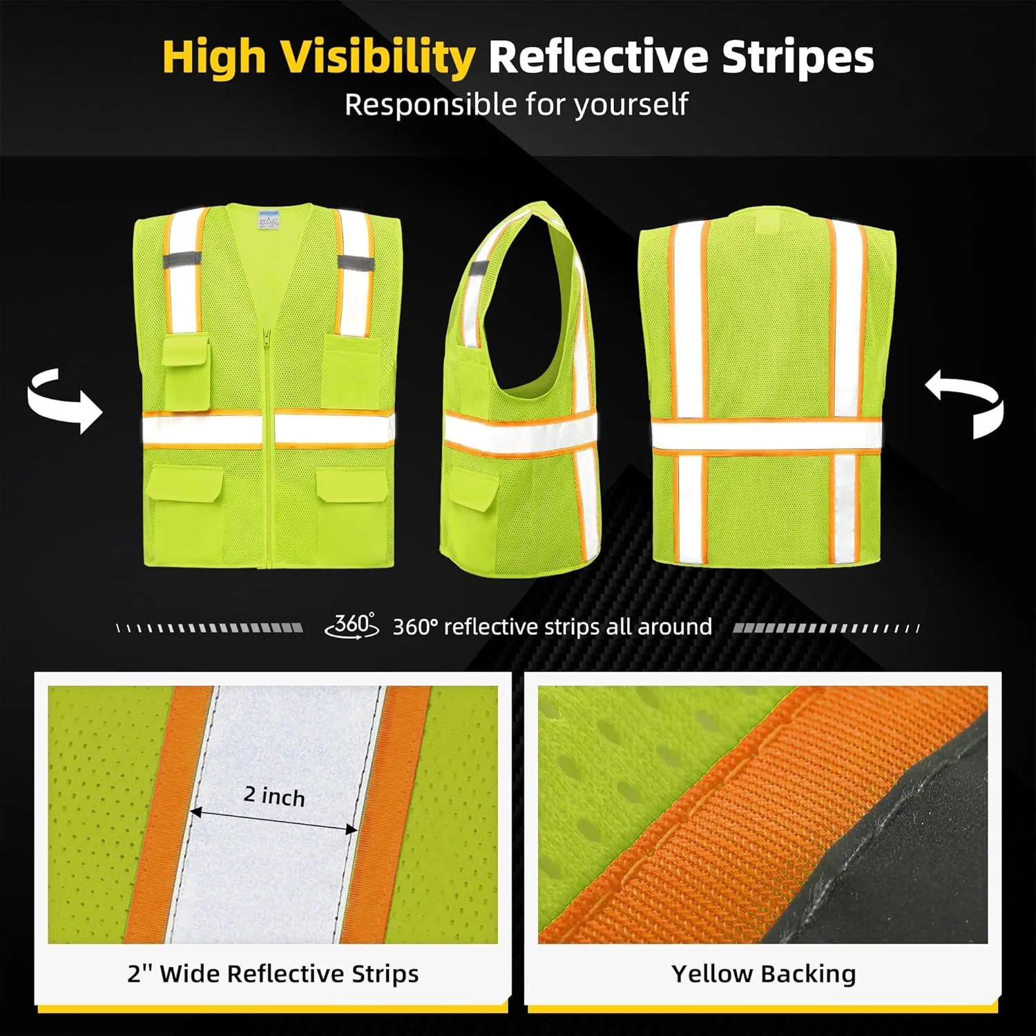 SHORFUNE High Visibility Mesh Safety Vest with Pockets, Mic Tabs, Zipper and Reflective Strips,ANSI/ISEA Standards