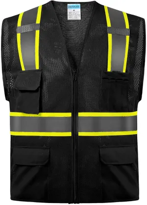 SHORFUNE High Visibility Mesh Safety Vest with Pockets, Mic Tabs, Zipper and Reflective Strips,ANSI/ISEA Standards
