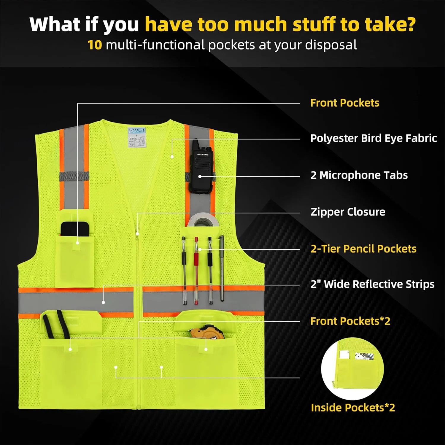 SHORFUNE High Visibility Mesh Safety Vest with Pockets, Mic Tabs, Zipper and Reflective Strips,ANSI/ISEA Standards