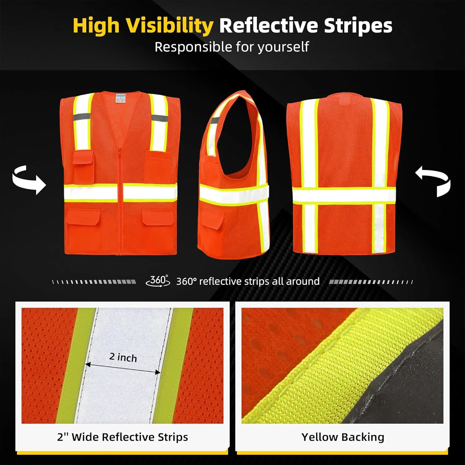 SHORFUNE High Visibility Mesh Safety Vest with Pockets, Mic Tabs, Zipper and Reflective Strips,ANSI/ISEA Standards