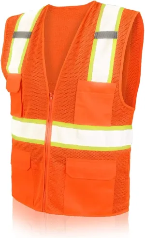 SHORFUNE High Visibility Mesh Safety Vest with Pockets, Mic Tabs, Zipper and Reflective Strips,ANSI/ISEA Standards