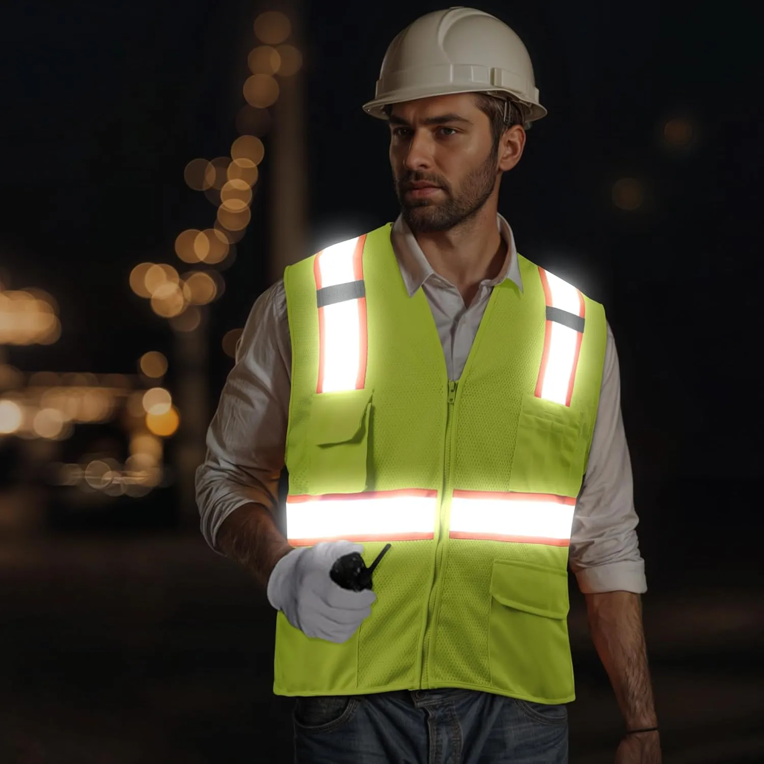 SHORFUNE High Visibility Mesh Safety Vest with Pockets, Mic Tabs, Zipper and Reflective Strips,ANSI/ISEA Standards