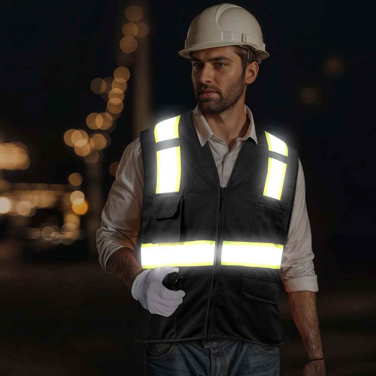 SHORFUNE High Visibility Mesh Safety Vest with Pockets, Mic Tabs, Zipper and Reflective Strips,ANSI/ISEA Standards
