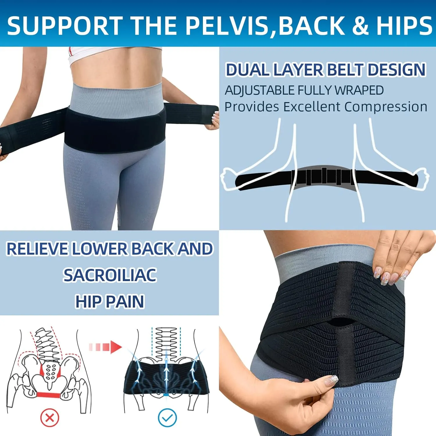 SI Belt - Sacroiliac Belt for Women and Men, SI Joint Pain Relief, Pelvis Support, Sciatic Nerve Brace, Lower Back Lumbar Hip Brace for Sciatic Pain Relief, Adjustable Pregnancy Support Band