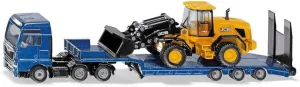 Siku 1790, Man Lorry with Low Loader and JCB Wheel Loader, 1:87, Metal/Plastic, Blue/Yellow, Folding ramp, Movable Loading arm