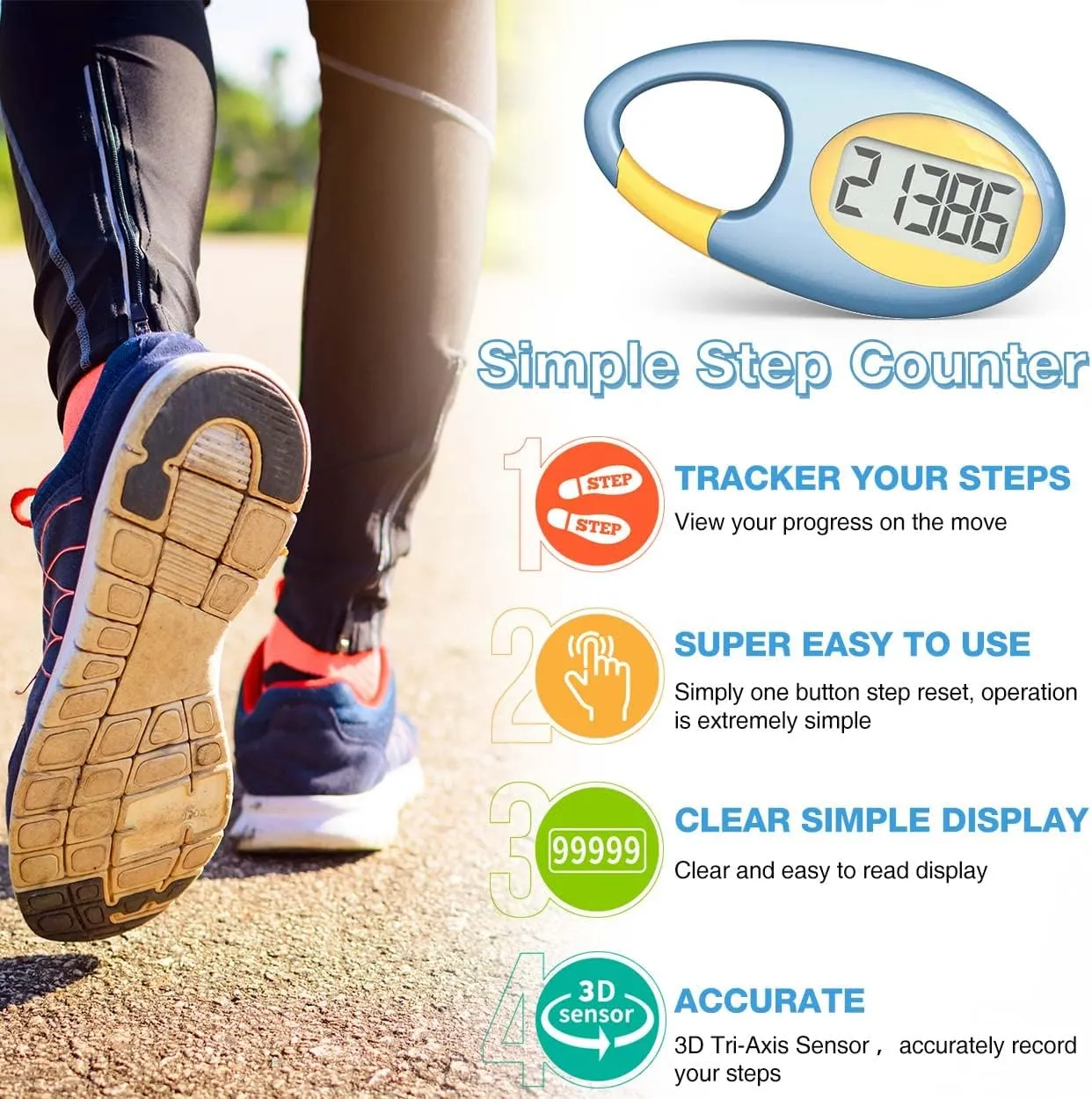 Simple 3D Step Counter, Walking Pedometer, Steps Tracker with Neck Lanyard/Carabiner for Men Women Teens Adults Seniors