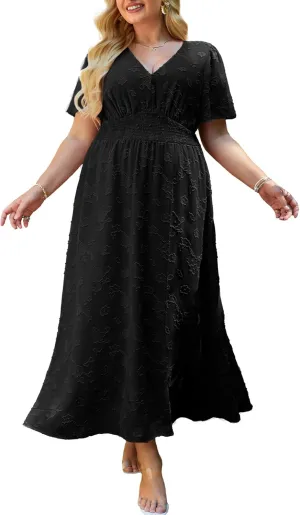 Simplee Women's Boho Floral Maxi Dress Flowy Casual V Neck Short Sleeve Wedding Guest Holiday Beach Long Dress