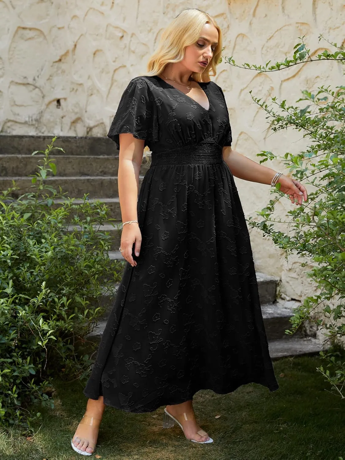 Simplee Women's Boho Floral Maxi Dress Flowy Casual V Neck Short Sleeve Wedding Guest Holiday Beach Long Dress