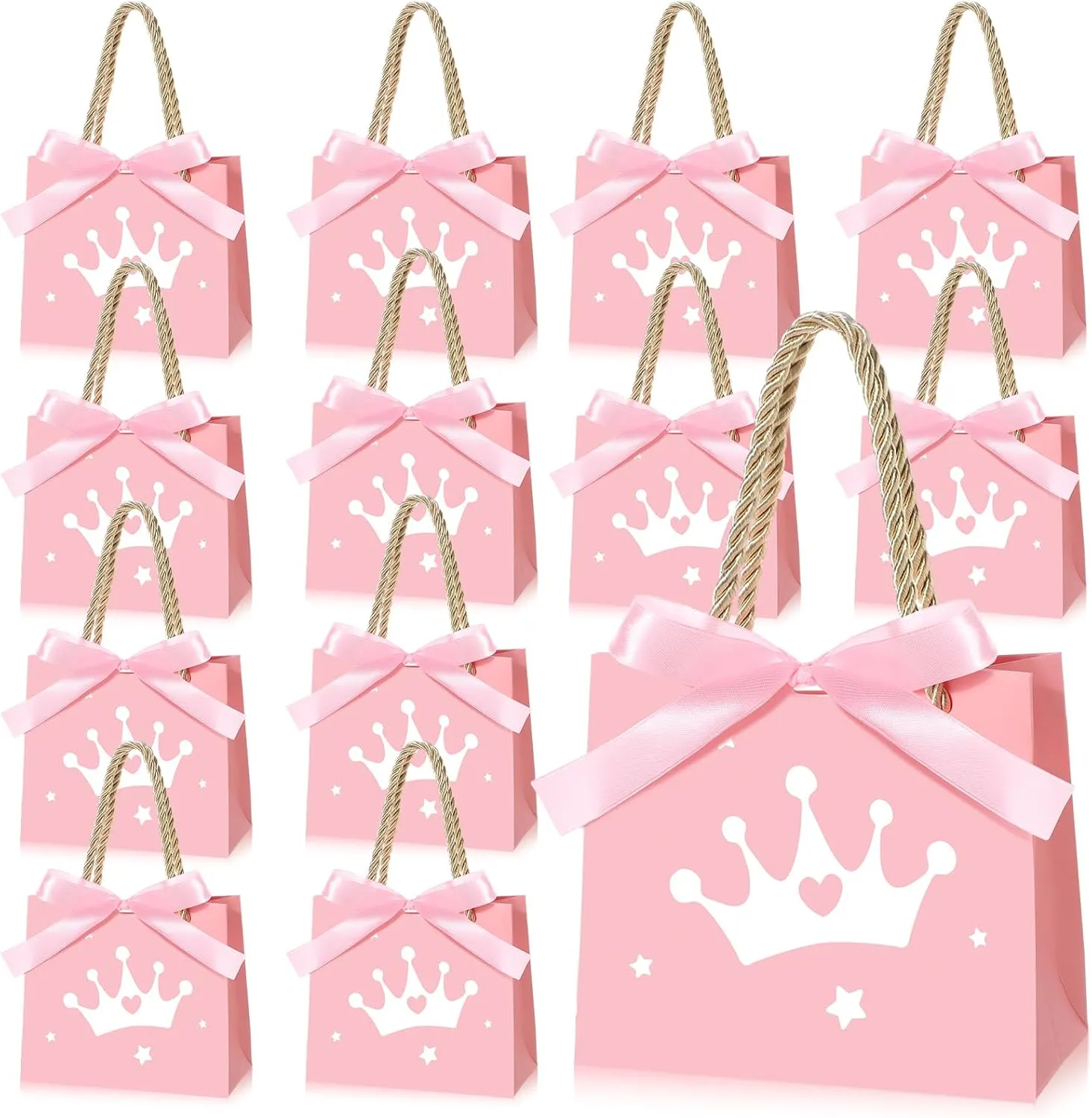 Sinload 25 Sets 5.51 x 2.36 x 4.72 Inch Princess Party Favor Bags for Guests Small Pink Crown Princess Paper Goodie Candy Bags with Handles Ribbons for Pink Themed Birthday Party Baby Shower Gifts
