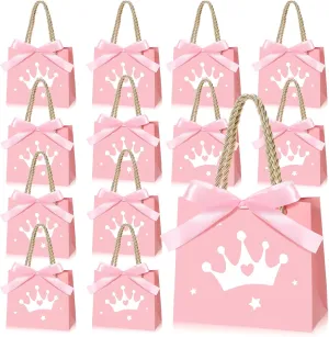 Sinload 25 Sets 5.51 x 2.36 x 4.72 Inch Princess Party Favor Bags for Guests Small Pink Crown Princess Paper Goodie Candy Bags with Handles Ribbons for Pink Themed Birthday Party Baby Shower Gifts